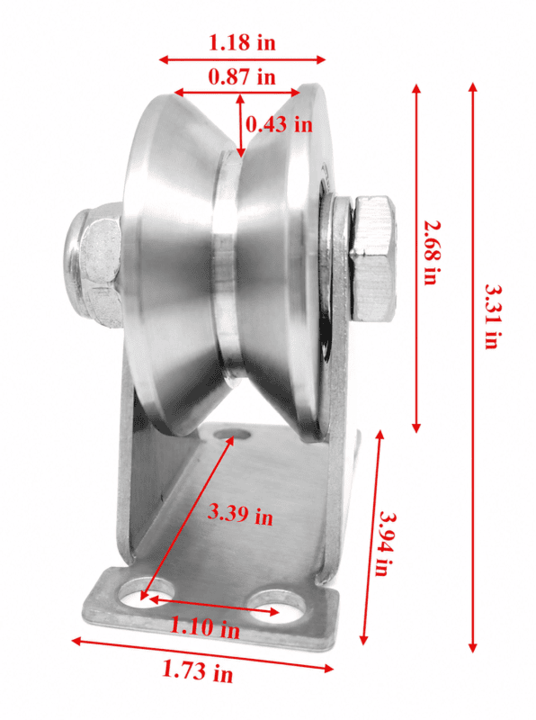 Inch dimensions for stainless steel V-groove sliding gate wheel and mounting bracket