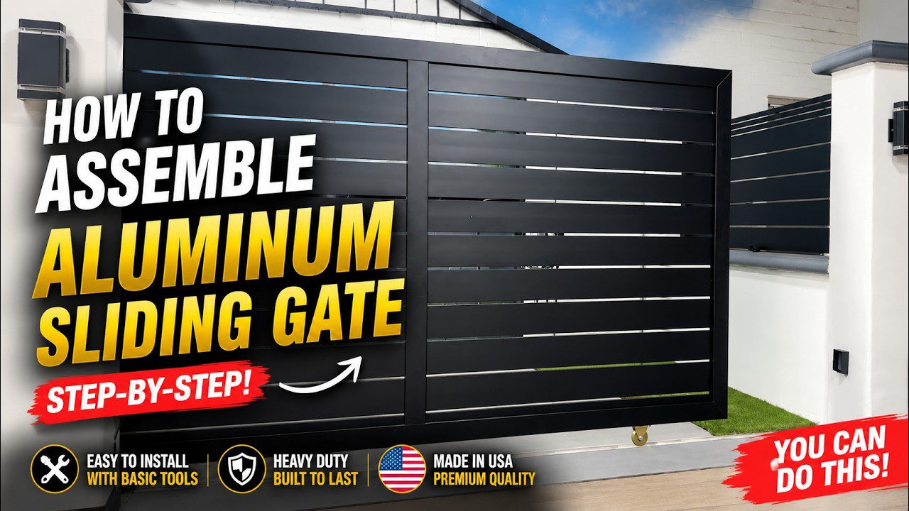 Fully framed black aluminum sliding gate on the Alumission assembly guide cover