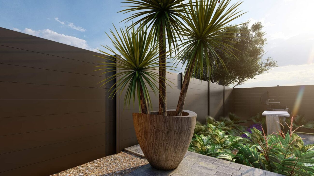 Bronze horizontal aluminum privacy fence surrounding a residential backyard
