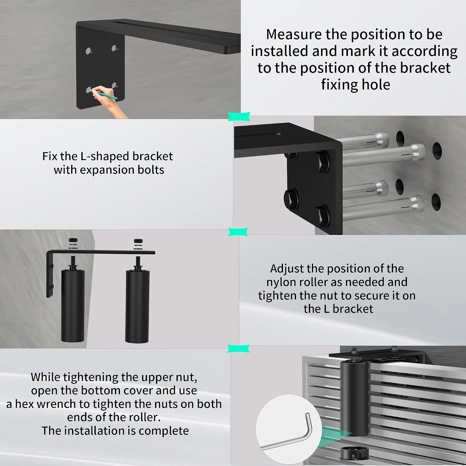 Installation steps for an adjustable dual-roller sliding gate guide assembly