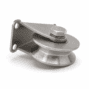 Side view of one stainless steel V-groove sliding gate wheel and mounting bracket