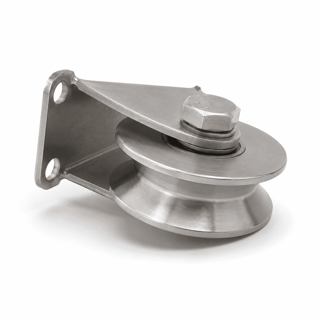 Side view of one stainless steel V-groove sliding gate wheel and mounting bracket