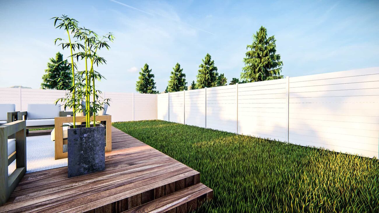 White horizontal aluminum privacy fence for a residential yard