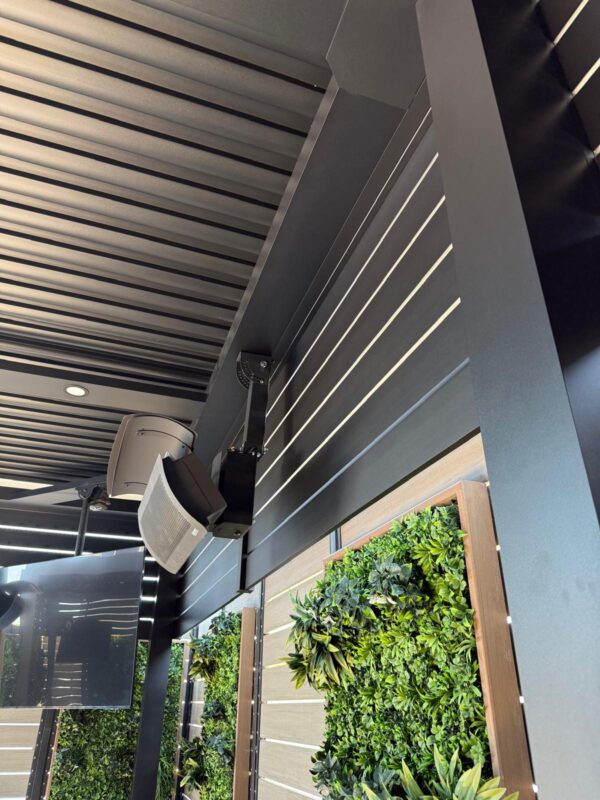 Modern matte-black aluminum fence with green plants, showcasing privacy and style.