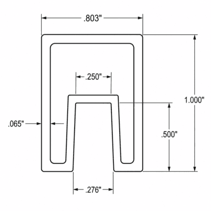 1 inch aluminum slat for glass cross-section showing 0.803 inch width, 1.000 inch height, 0.250 inch channel, and 0.065 inch wall thickness