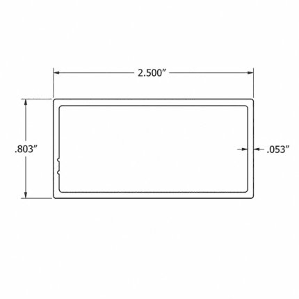 2.5 inch aluminum slat cross-section showing 2.500 inch width, 0.803 inch height, and 0.053 inch wall thickness