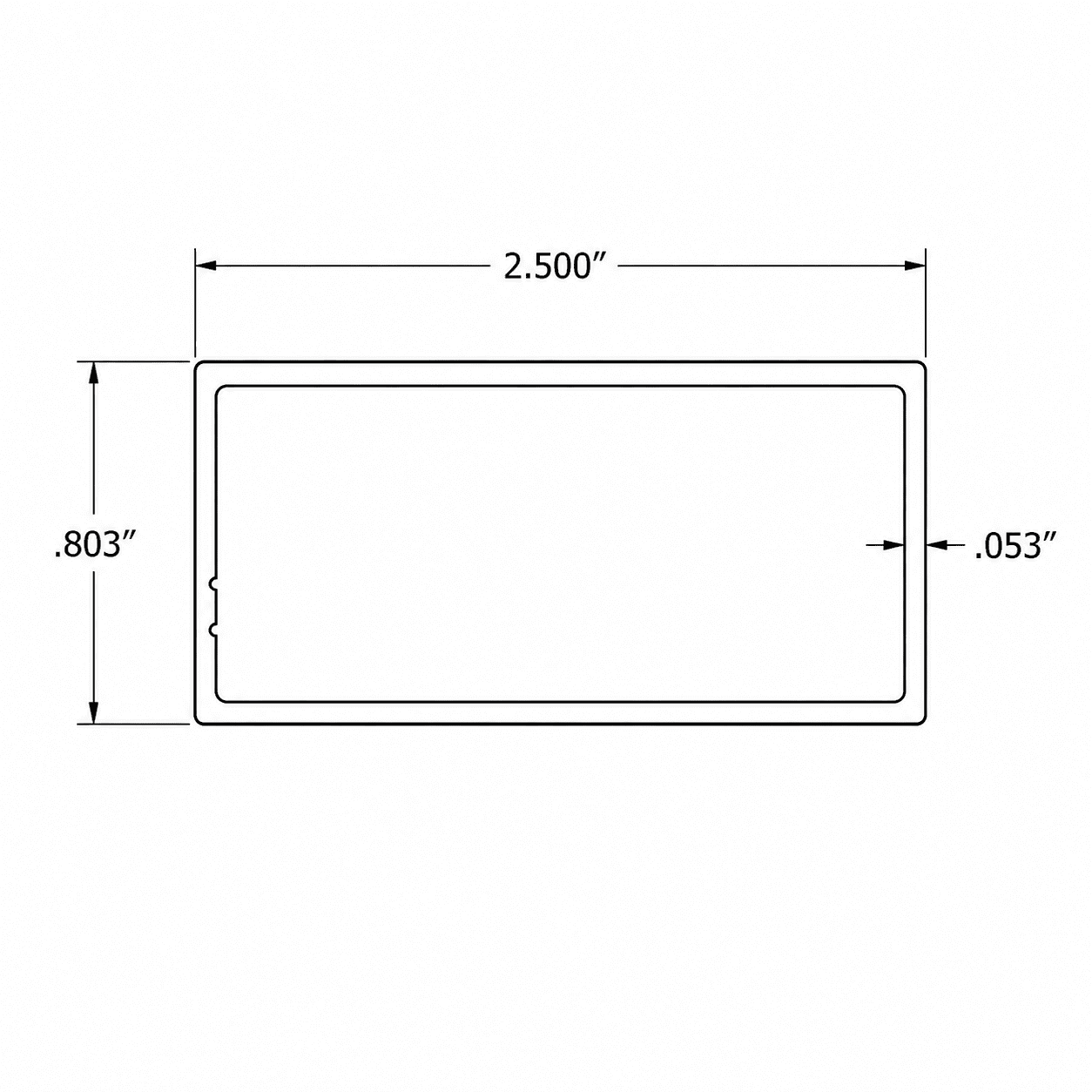 2.5 inch aluminum slat cross-section showing 2.500 inch width, 0.803 inch height, and 0.053 inch wall thickness