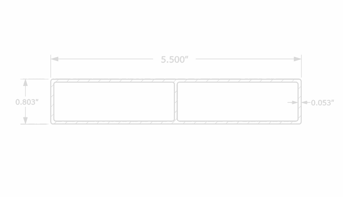 5.5 inch aluminum slat technical drawing showing 5.500 inch width, 0.803 inch height, and 0.053 inch wall thickness