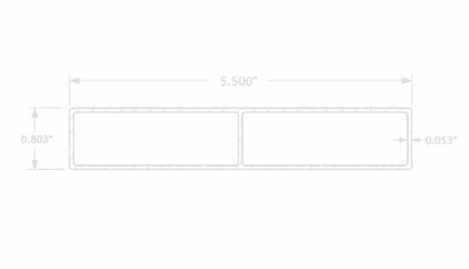 5.5 inch aluminum slat technical drawing showing 5.500 inch width, 0.803 inch height, and 0.053 inch wall thickness