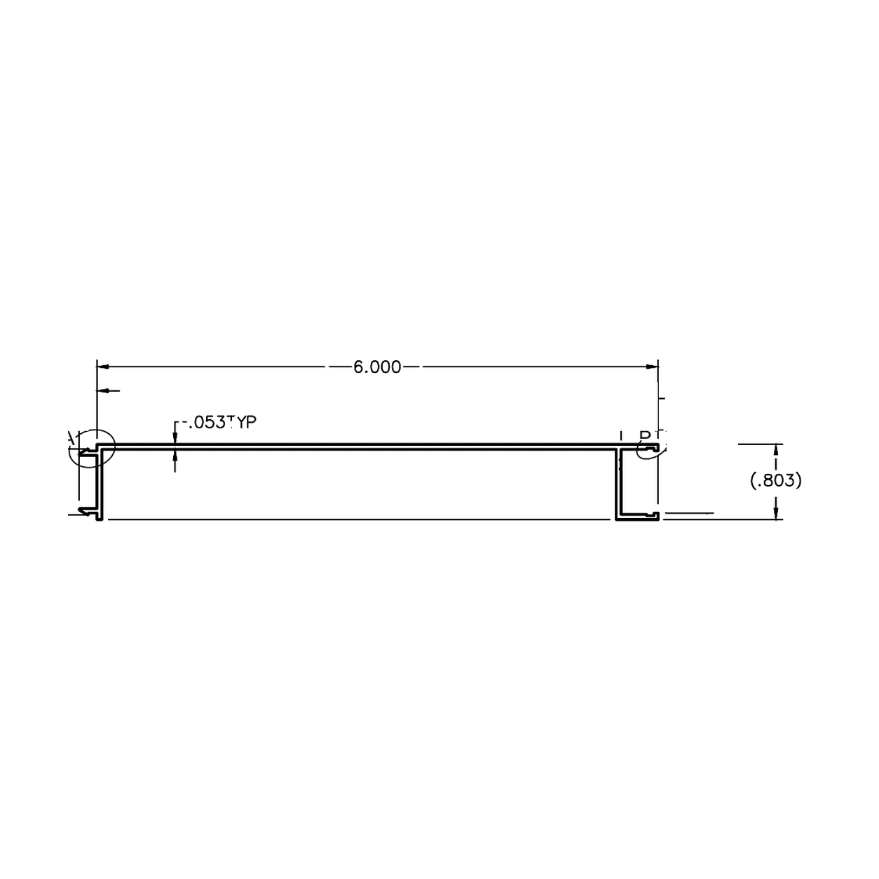 Original 6 inch aluminum snap slat profile drawing with 6.000 inch width, 0.803 inch height, and 0.053 inch wall thickness