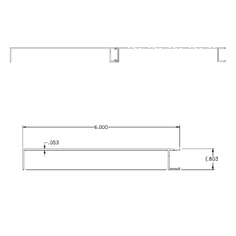 6 inch Aluminum Top Snap Slat technical drawing showing the installed snap relationship and the proportional 6.000 inch by 0.803 inch profile with 0.053 inch wall thickness