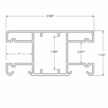 Aluminum post with two channels profile dimensions showing 3.5 by 1.752 inch cross-section and channel measurements