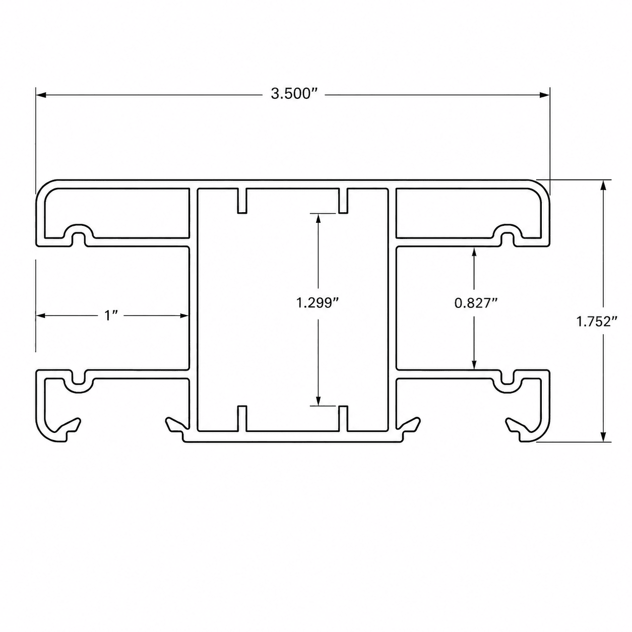 Aluminum post with two channels profile dimensions showing 3.5 by 1.752 inch cross-section and channel measurements