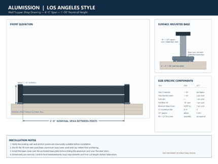 Los Angeles Style aluminum wall topper shop drawing, 6-foot span by 1-foot high, with base plate and base cover