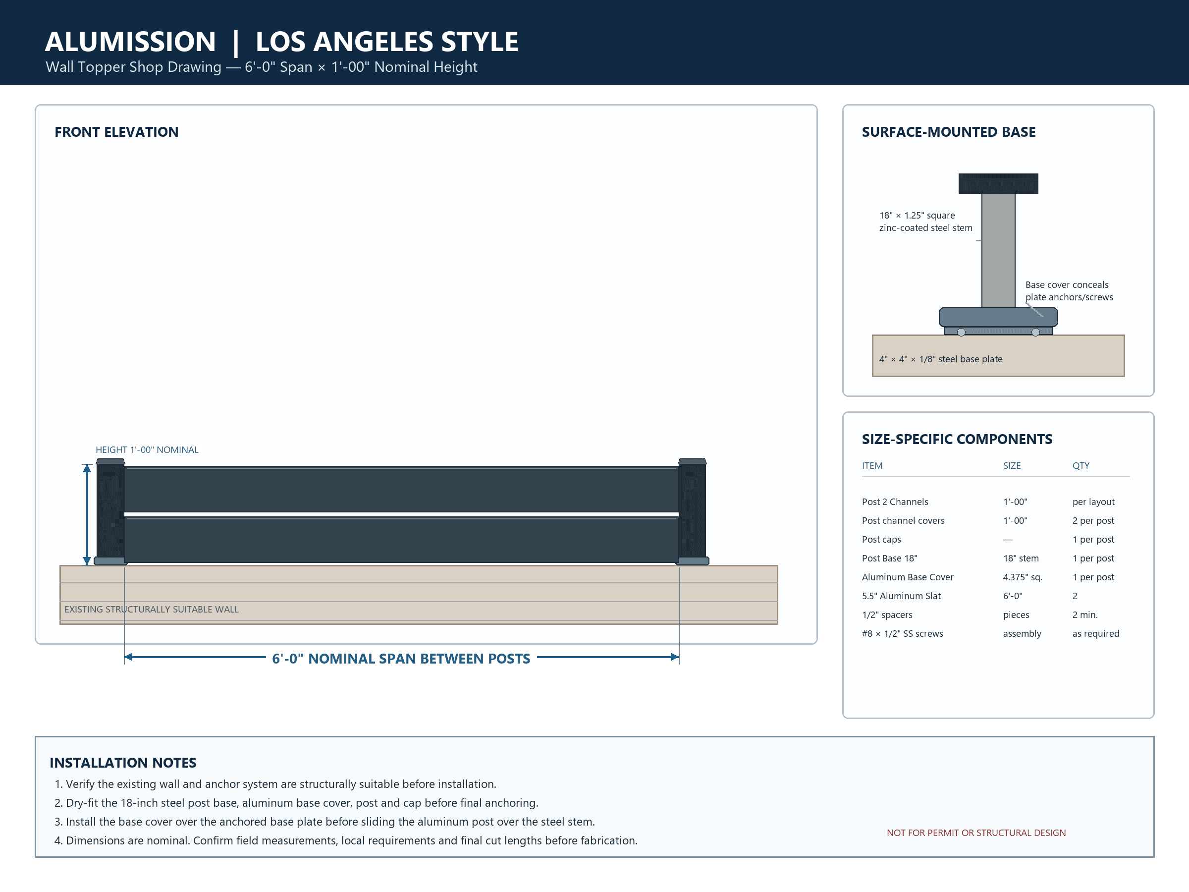 Los Angeles Style aluminum wall topper shop drawing, 6-foot span by 1-foot high, with base plate and base cover