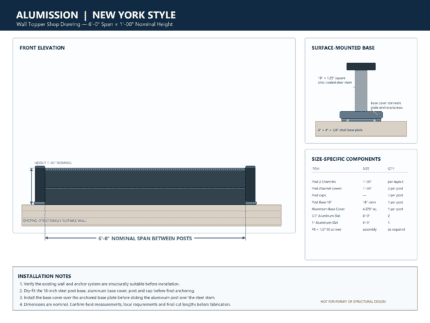 New York Style aluminum wall topper shop drawing, 6-foot span by 1-foot high, with base plate and base cover
