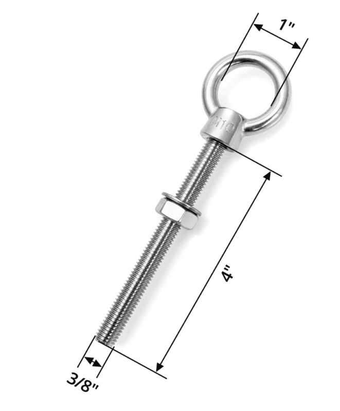 Dimension diagram for 3/8-inch by 4-inch stainless steel eye bolt