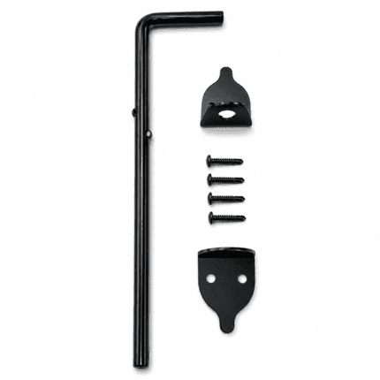 Black 12-inch heavy-duty steel cane bolt kit with two brackets and four mounting screws