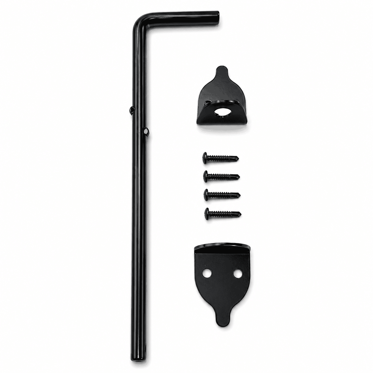 Black 12-inch heavy-duty steel cane bolt kit with two brackets and four mounting screws