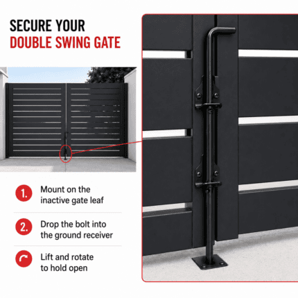 Black 12-inch cane bolt mounted on the inactive leaf of an Alumission aluminum double swing gate