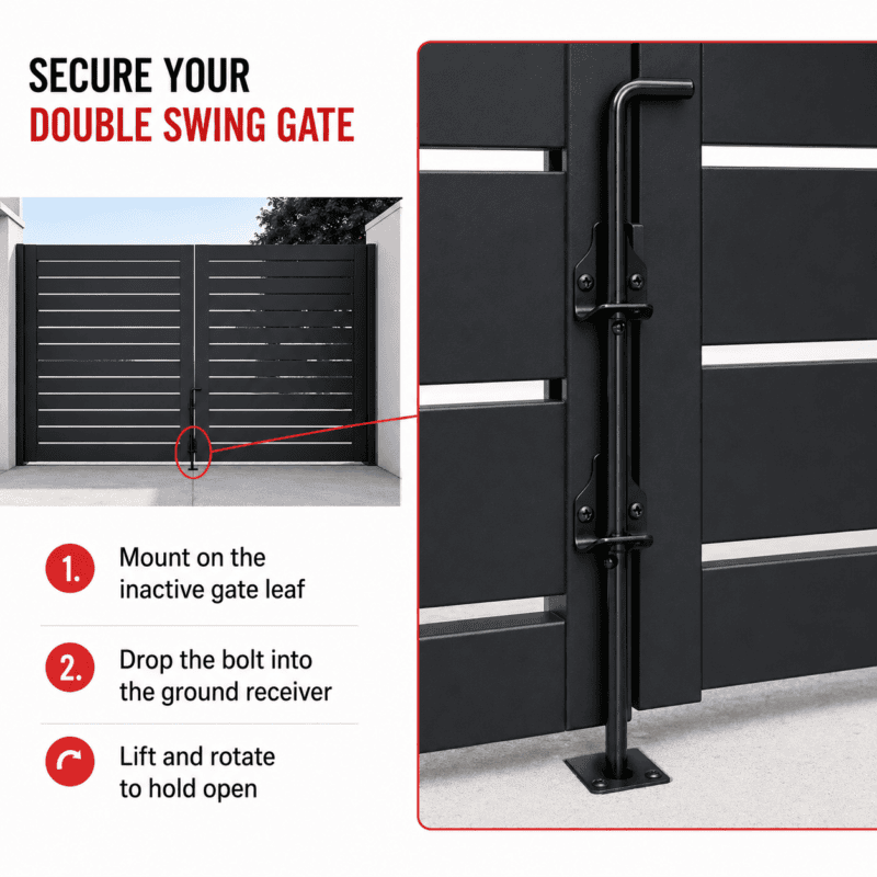 Black 12-inch cane bolt mounted on the inactive leaf of an Alumission aluminum double swing gate