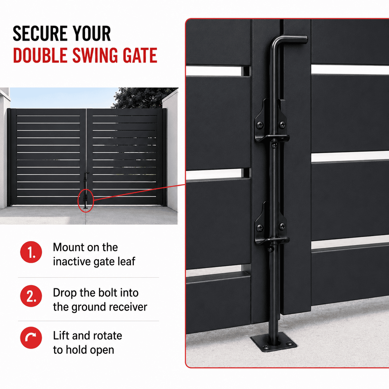 Black 12-inch cane bolt mounted on the inactive leaf of an Alumission aluminum double swing gate