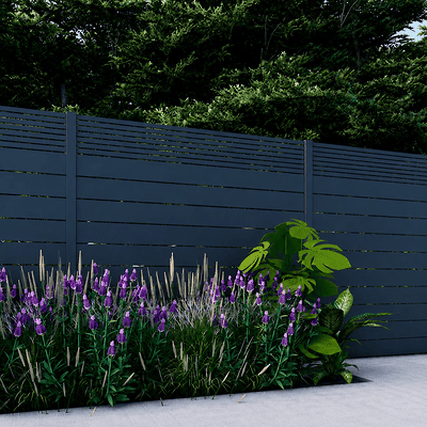 Dark gray Dallas Style Alumission aluminum fence installed in a landscaped yard