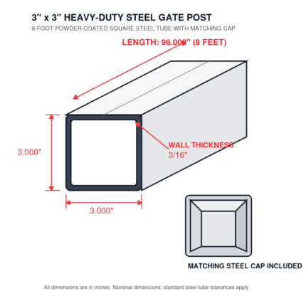 Technical drawing of 3 inch square steel gate post with 3/16 inch wall thickness, 8 foot length, and matching cap