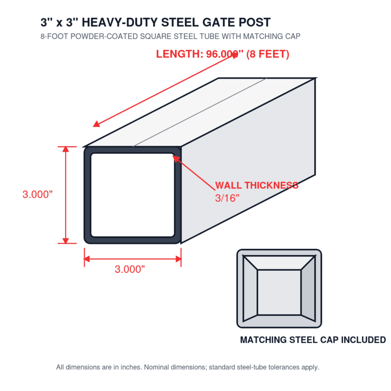 Technical drawing of 3 inch square steel gate post with 3/16 inch wall thickness, 8 foot length, and matching cap