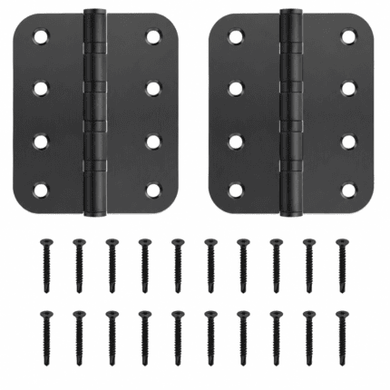 Two black 4-inch stainless steel non-self-closing gate hinges with 20 matching screws