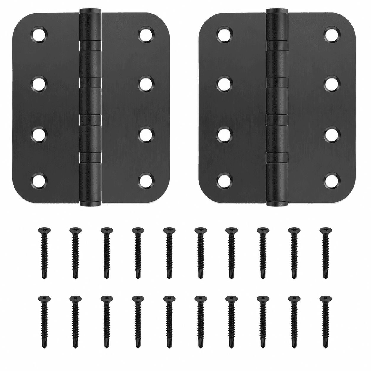 Two black 4-inch stainless steel non-self-closing gate hinges with 20 matching screws