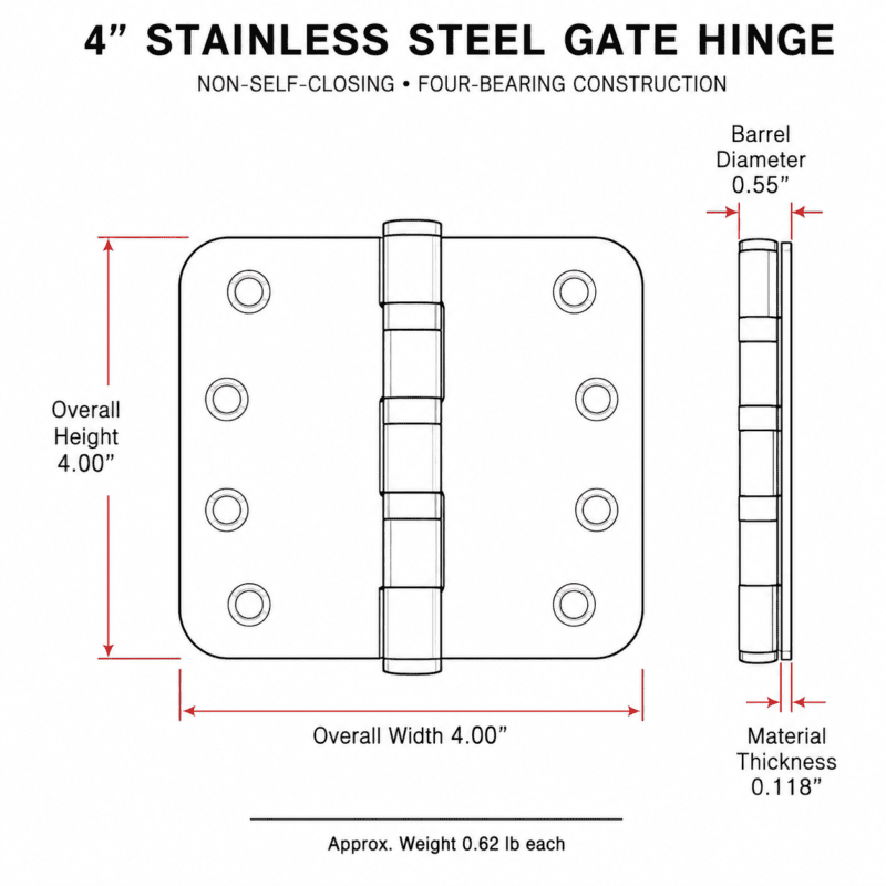 Technical drawing of 4-inch stainless steel gate hinge with dimensions in inches
