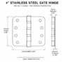 Technical drawing of 4-inch stainless steel gate hinge with dimensions in inches