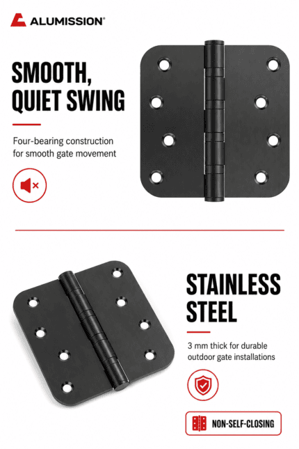 Non-self-closing stainless steel gate hinge features including four-bearing construction and 3 mm thickness