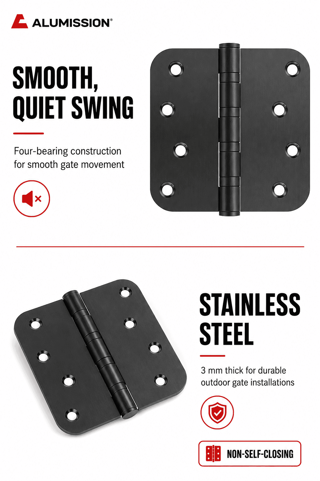 Non-self-closing stainless steel gate hinge features including four-bearing construction and 3 mm thickness