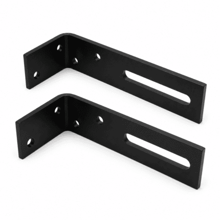 Two black aluminum sliding gate motor chain attachment L-brackets