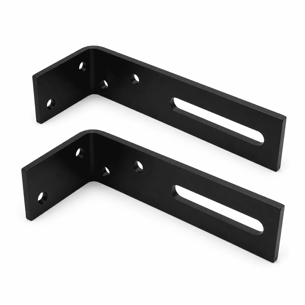 Two black aluminum sliding gate motor chain attachment L-brackets