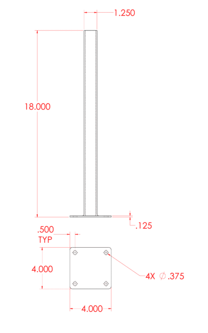 Technical drawing of 18-inch zinc-coated steel post base with 4-inch square plate, 1-1/4-inch tube, 1/8-inch wall, and four 3/8-inch holes