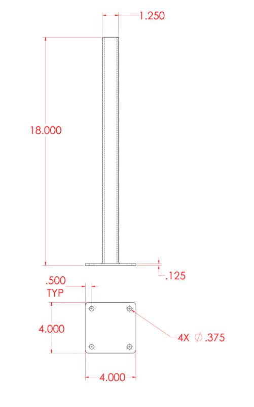 Technical drawing of 18-inch zinc-coated steel post base with 4-inch square plate, 1-1/4-inch tube, 1/8-inch wall, and four 3/8-inch holes