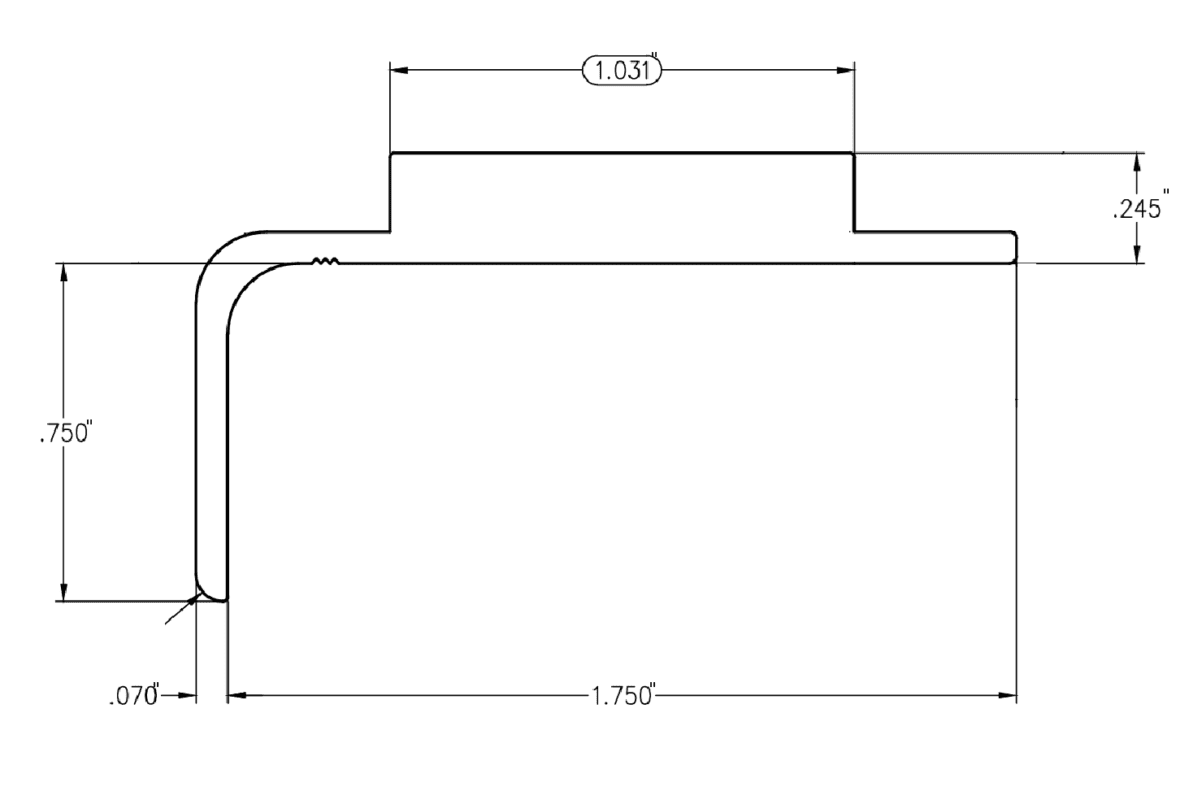 Aluminum Stopper For Gate Frame profile drawing showing 1.750 inch overall width, 0.750 inch overall height, 1.031 inch raised stop width, 0.245 inch raised stop height, and 0.070 inch profile thickness