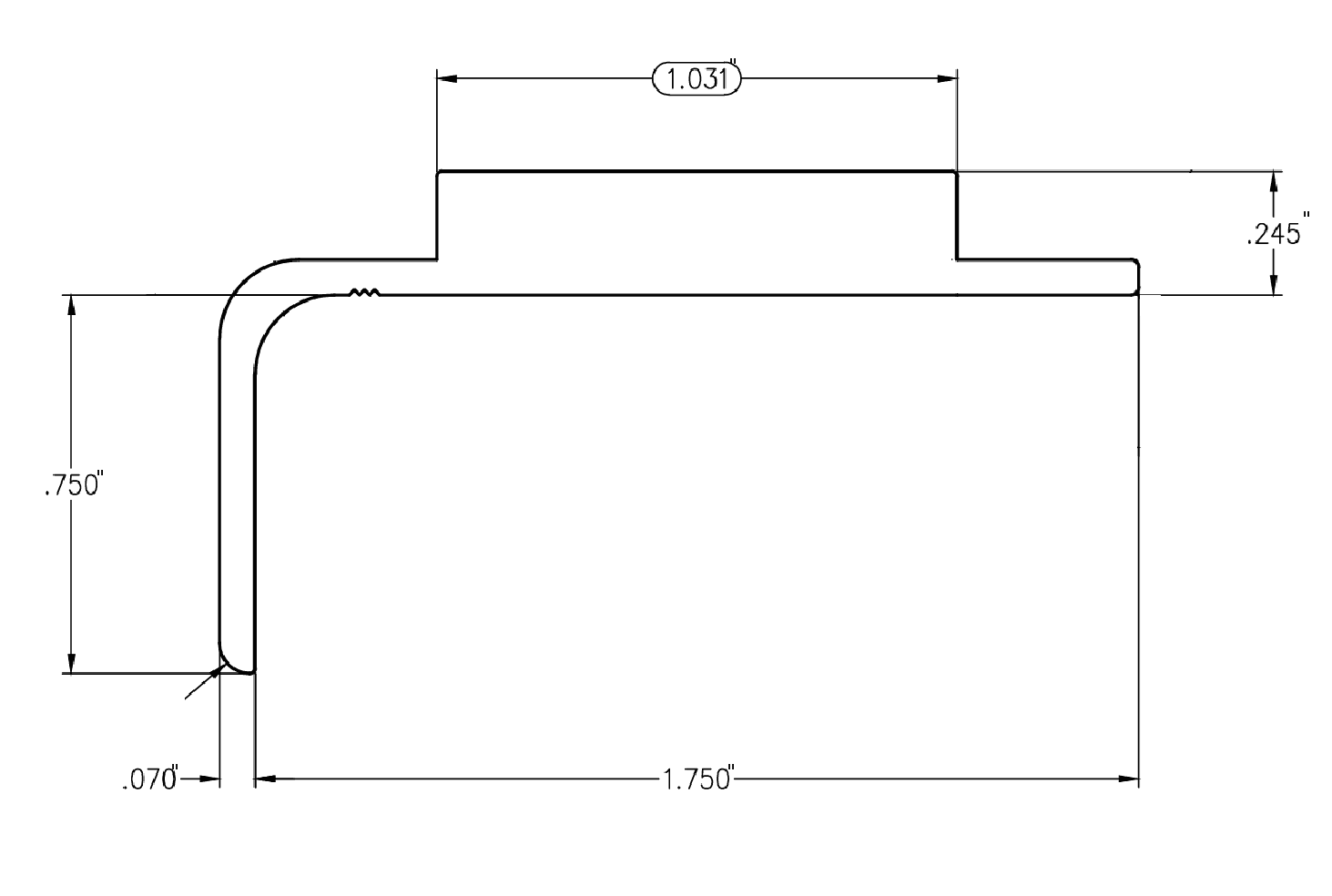 Aluminum Stopper For Gate Frame profile drawing with all dimensions labeled in inches