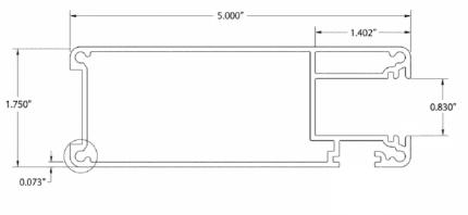 Aluminum swing gate frame technical drawing showing 5.000 inch width, 1.750 inch height, 1.402 inch lock section, 0.830 inch channel, and 0.073 inch wall thickness