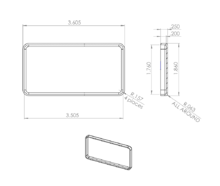 In-line Post Cap technical drawing showing 3.605 inch outside width, 1.860 inch outside height, and 0.250 inch return