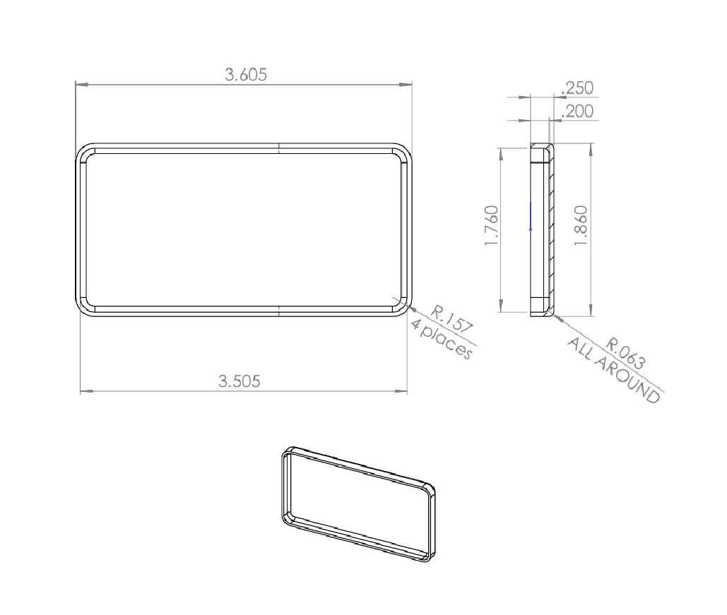 In-line Post Cap technical drawing showing 3.605 inch outside width, 1.860 inch outside height, and 0.250 inch return