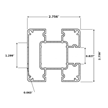 Aluminum Post 3 Channel cross-section showing 2.756 inch overall width and height, 1.299 inch channel depth, 0.827 inch channel opening, and 0.063 inch wall thickness