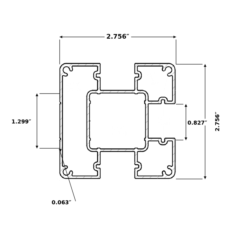 Aluminum Post 3 Channel cross-section showing 2.756 inch overall width and height, 1.299 inch channel depth, 0.827 inch channel opening, and 0.063 inch wall thickness