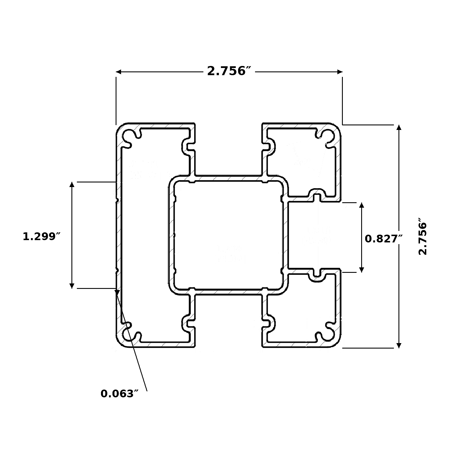 Aluminum Post 3 Channel cross-section showing 2.756 inch overall width and height, 1.299 inch channel depth, 0.827 inch channel opening, and 0.063 inch wall thickness