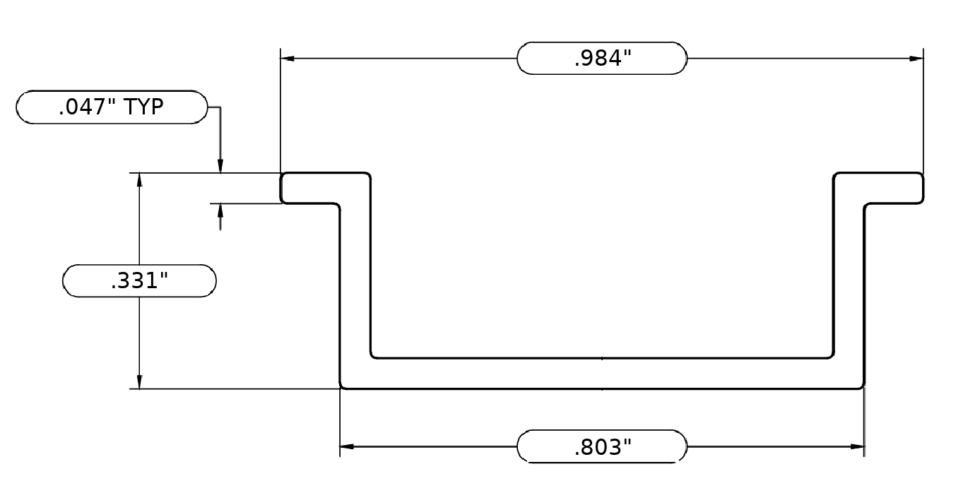Aluminum Post Cover For Channels cross-section showing 0.984 inch overall width, 0.331 inch overall height, 0.803 inch inside span, and 0.047 inch typical wall thickness