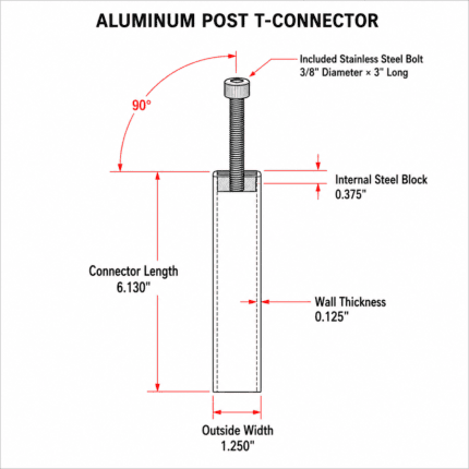 Technical drawing of steel T-connector for aluminum posts with dimensions in inches
