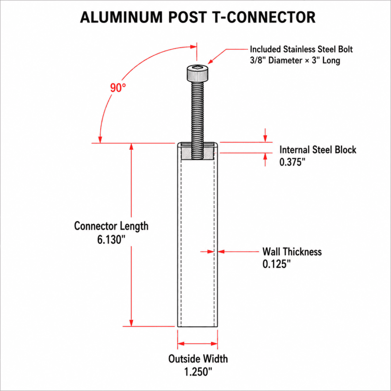 Technical drawing of steel T-connector for aluminum posts with dimensions in inches